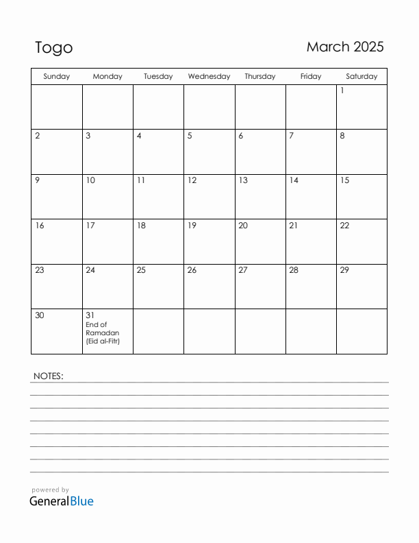 March 2025 Togo Calendar with Holidays (Sunday Start)