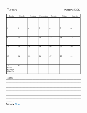 Current month calendar with Turkey holidays for March 2025