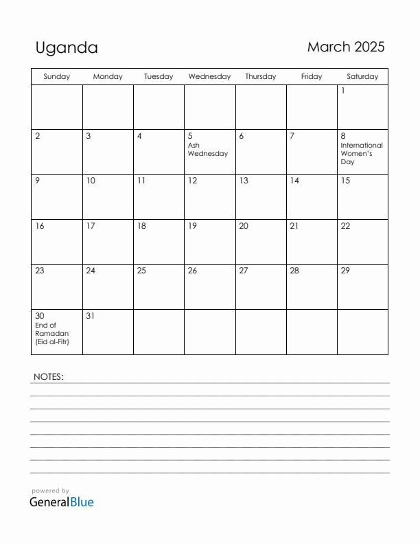 March 2025 Uganda Calendar with Holidays (Sunday Start)