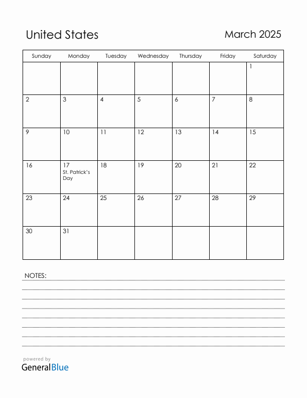 March 2025 United States Calendar with Holidays (Sunday Start)