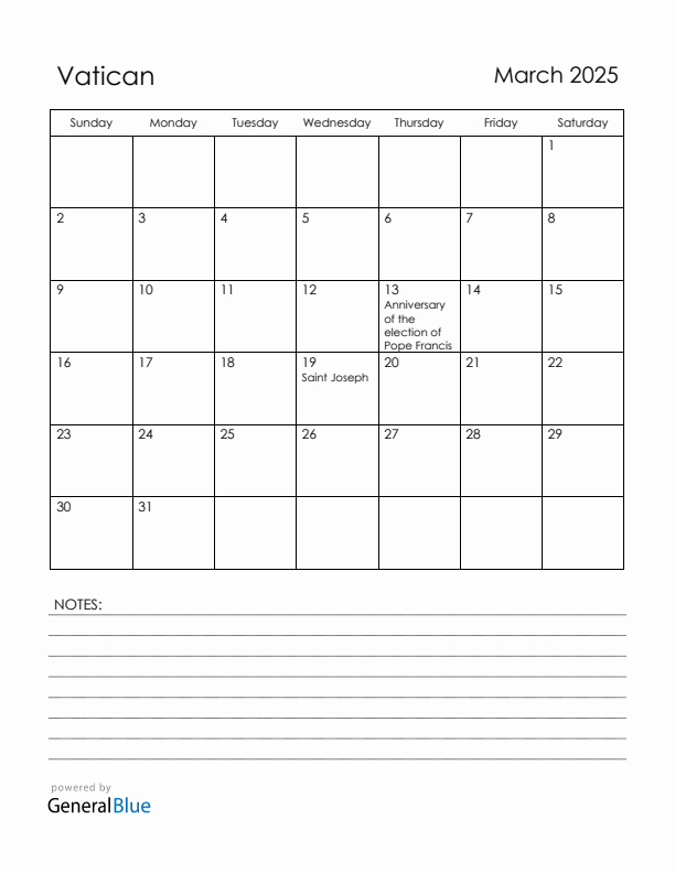 March 2025 Vatican Calendar with Holidays (Sunday Start)