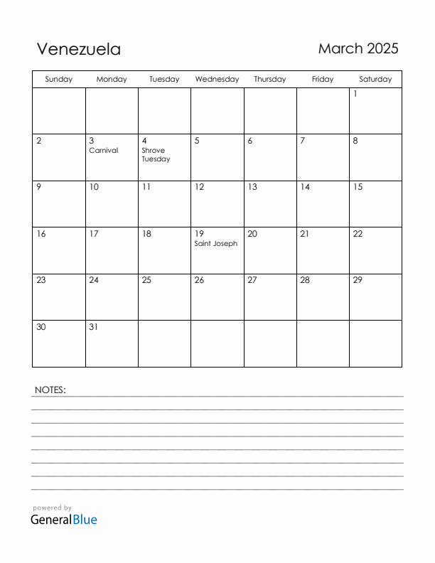 March 2025 Venezuela Calendar with Holidays (Sunday Start)