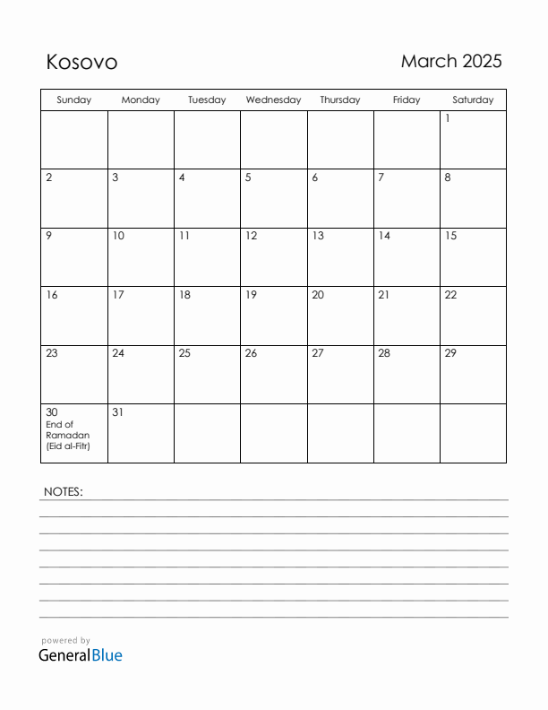 March 2025 Kosovo Calendar with Holidays (Sunday Start)