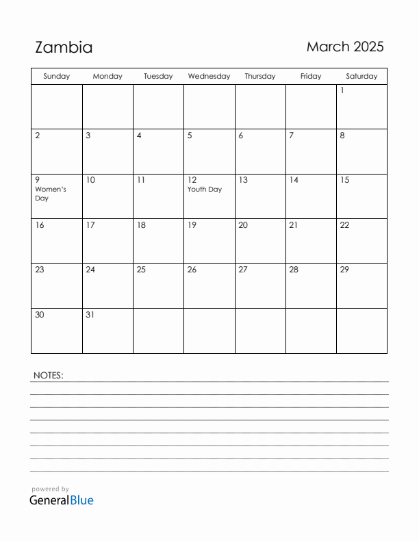 March 2025 Zambia Calendar with Holidays (Sunday Start)