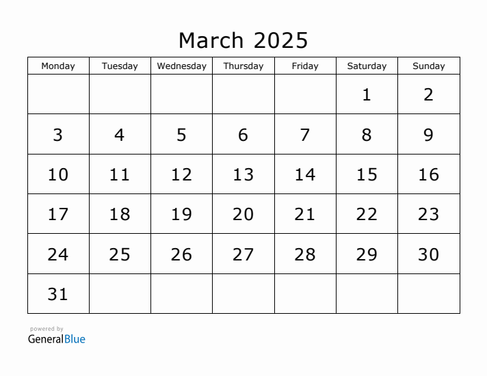 Printable March 2025 Calendar - Monday Start