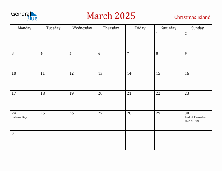 Christmas Island March 2025 Calendar - Monday Start