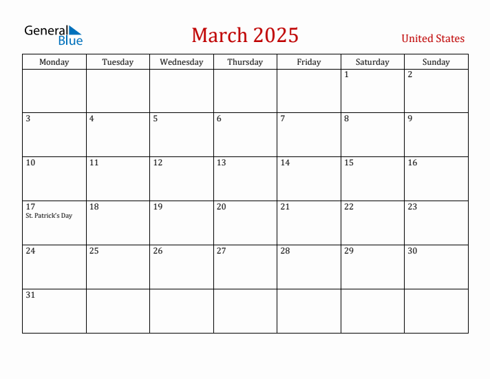 United States March 2025 Calendar - Monday Start