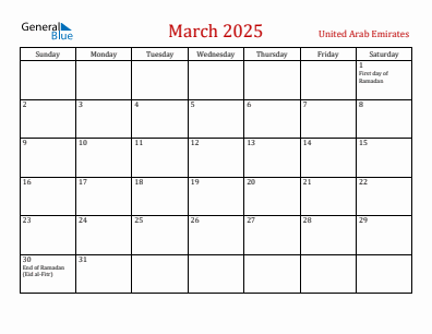 Current month calendar with United Arab Emirates holidays for March 2025