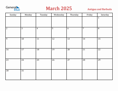 Current month calendar with Antigua and Barbuda holidays for March 2025