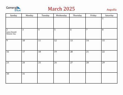 Current month calendar with Anguilla holidays for March 2025