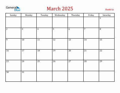 Current month calendar with Austria holidays for March 2025