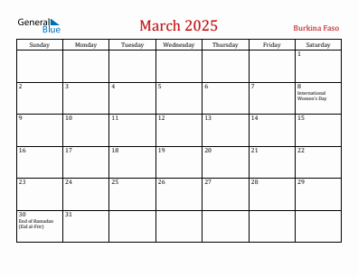 Current month calendar with Burkina Faso holidays for March 2025