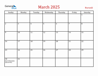 Current month calendar with Burundi holidays for March 2025