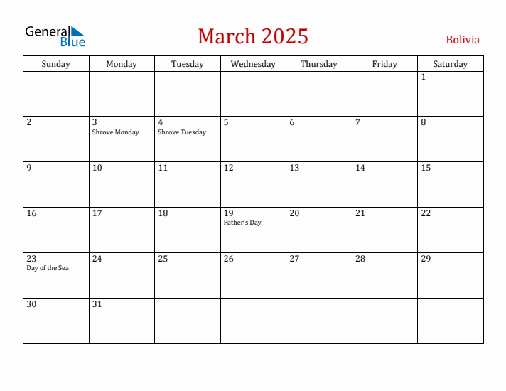 Bolivia March 2025 Calendar - Sunday Start