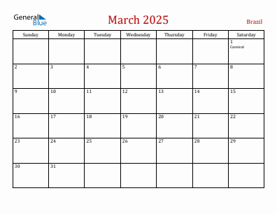 Current month calendar with Brazil holidays for March 2025