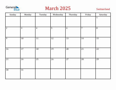 Current month calendar with Switzerland holidays for March 2025