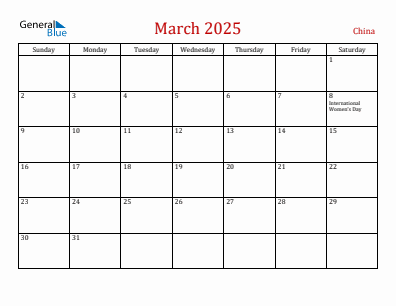 Current month calendar with China holidays for March 2025