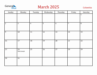 Current month calendar with Colombia holidays for March 2025