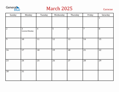 Current month calendar with Curacao holidays for March 2025