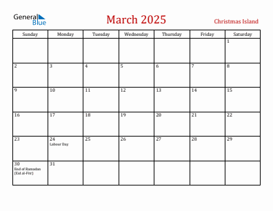 Current month calendar with Christmas Island holidays for March 2025