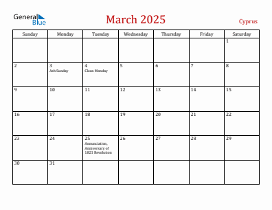 Current month calendar with Cyprus holidays for March 2025