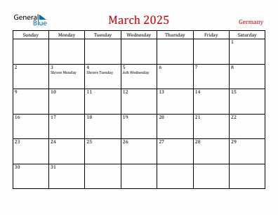 Current month calendar with Germany holidays for March 2025