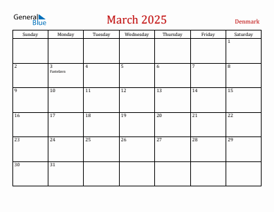 Current month calendar with Denmark holidays for March 2025