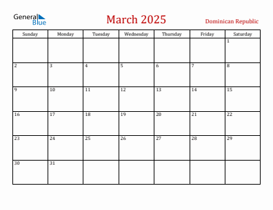 Current month calendar with Dominican Republic holidays for March 2025