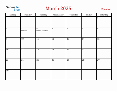 Current month calendar with Ecuador holidays for March 2025