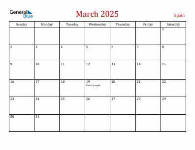 Current month calendar with Spain holidays for March 2025