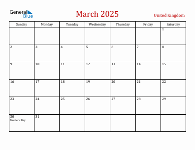 Current month calendar with United Kingdom holidays for March 2025