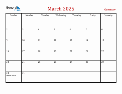 Current month calendar with Guernsey holidays for March 2025