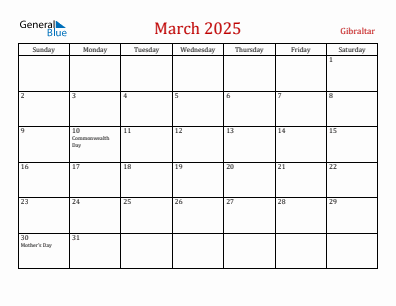 Current month calendar with Gibraltar holidays for March 2025