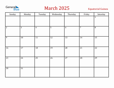 Current month calendar with Equatorial Guinea holidays for March 2025