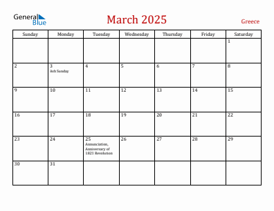 Current month calendar with Greece holidays for March 2025