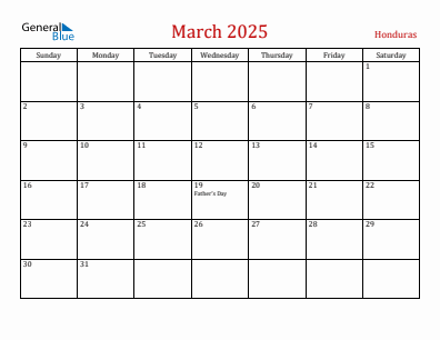 Current month calendar with Honduras holidays for March 2025