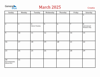 Current month calendar with Croatia holidays for March 2025