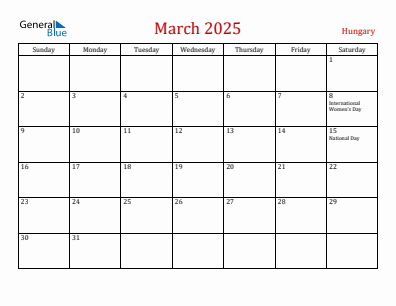 Current month calendar with Hungary holidays for March 2025