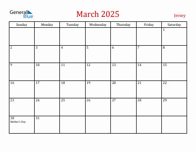 Current month calendar with Jersey holidays for March 2025