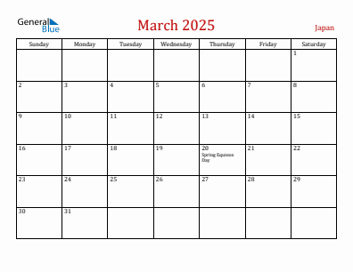 Current month calendar with Japan holidays for March 2025