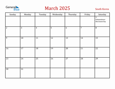 Current month calendar with South Korea holidays for March 2025