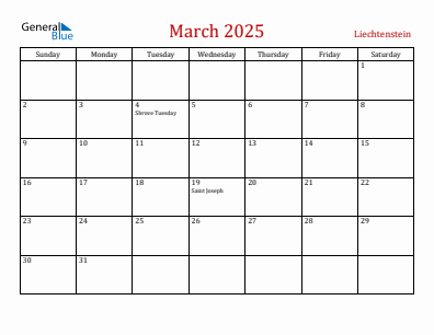 Current month calendar with Liechtenstein holidays for March 2025