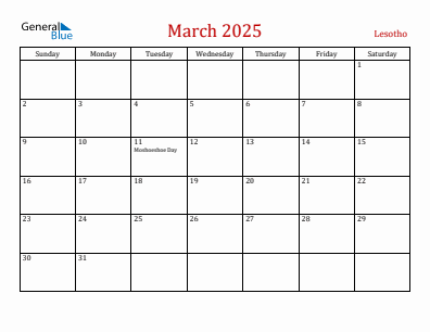 Current month calendar with Lesotho holidays for March 2025