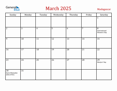 Current month calendar with Madagascar holidays for March 2025