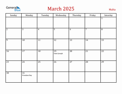 Current month calendar with Malta holidays for March 2025