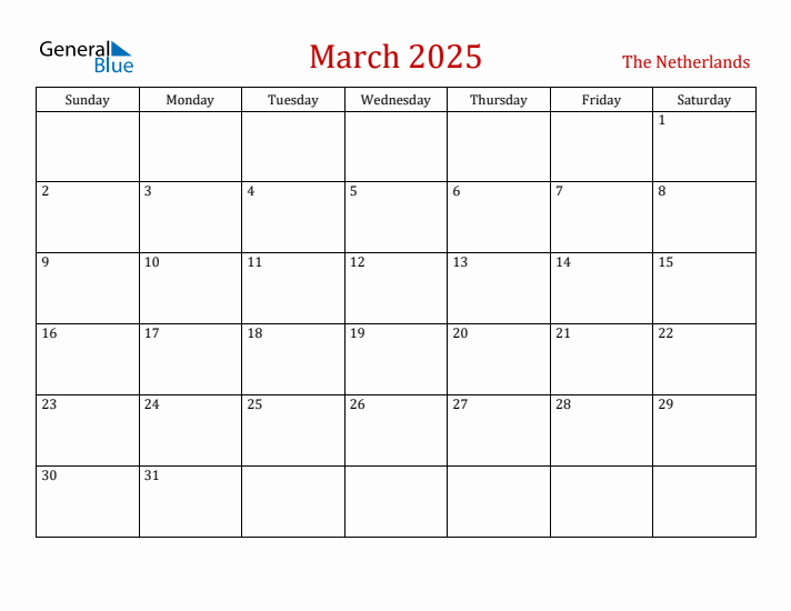 The Netherlands March 2025 Calendar - Sunday Start