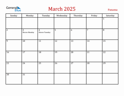 Current month calendar with Panama holidays for March 2025