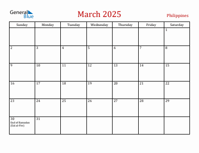 Current month calendar with Philippines holidays for March 2025