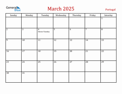 Current month calendar with Portugal holidays for March 2025