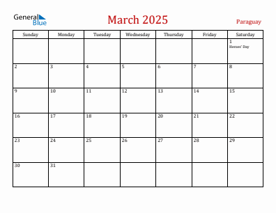 Current month calendar with Paraguay holidays for March 2025